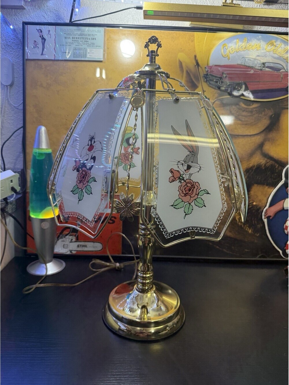 Vintage Looney Tunes Bugs Bunny & Sylvester Touch Lamp Brass Glass Panels